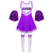 Girls Cheerleading Uniform Dance Costume Kids Cheerleader Outfit Round Neckline Patchwork Style Dance Dress Flower and Socks