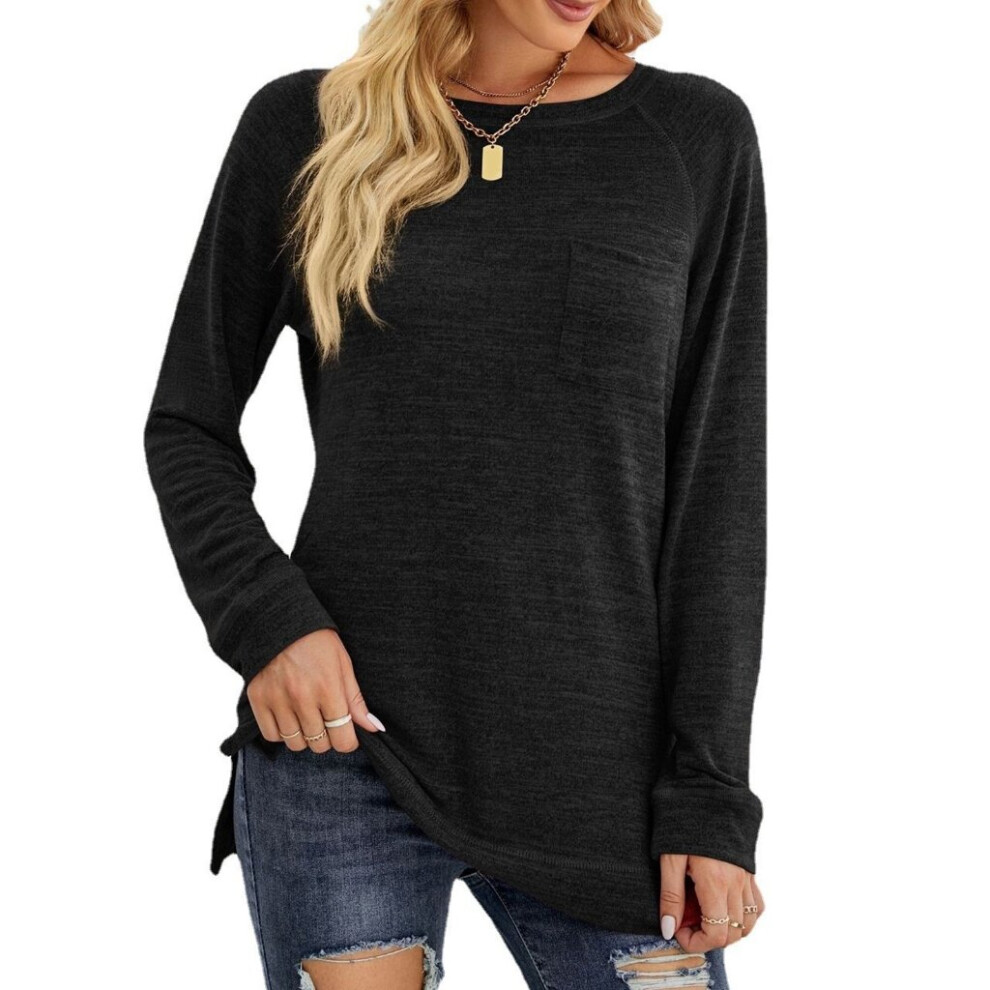 (Black, L) Women Long Sleeve O-Neck T-Shirts Casual Loose Solid Color Pullover Tunic Top