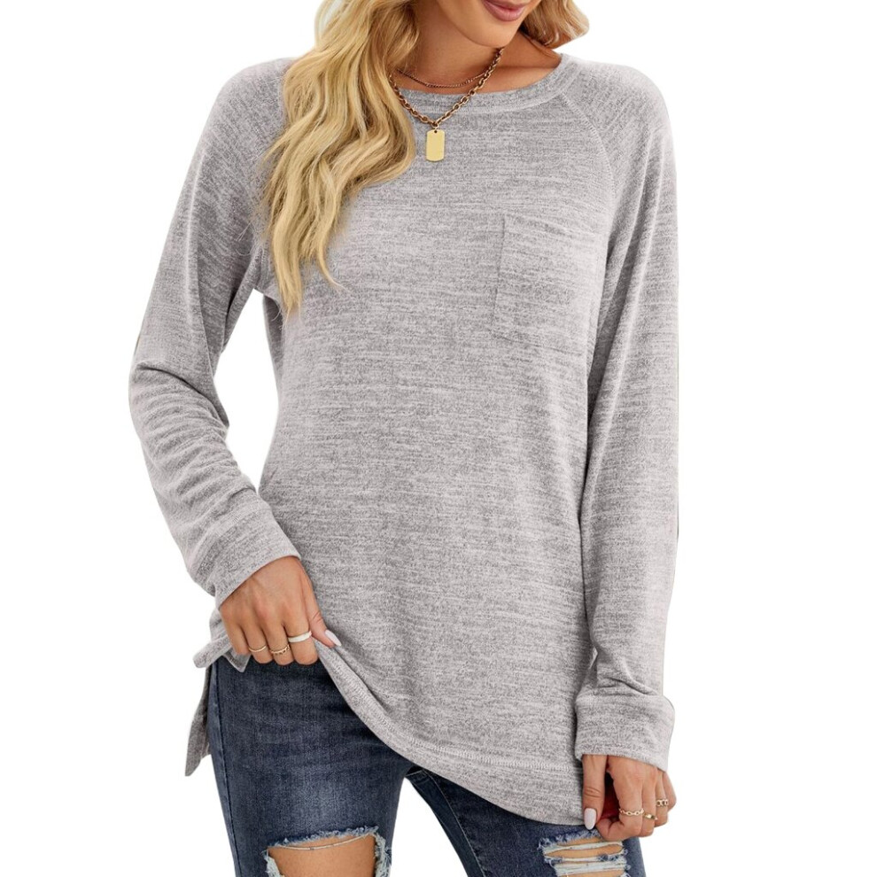 (Gray, L) Women Long Sleeve O-Neck T-Shirts Casual Loose Solid Color Pullover Tunic Top
