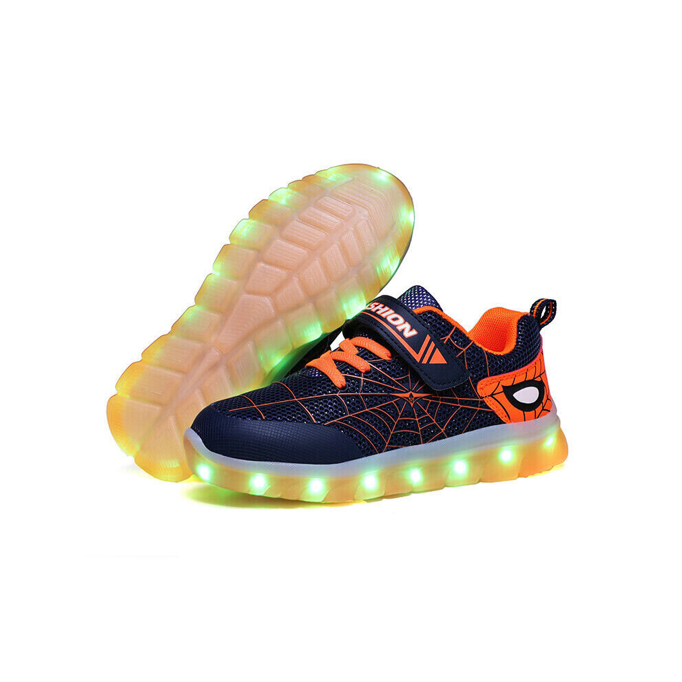 (DarkBlue and Orange, 9 Kids) Boys Girls Led Light Up Sneaker For Kids Spiderman Trainers Xmas Gift Shoes Size