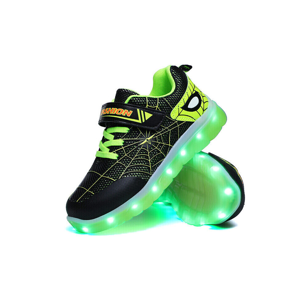 (Black Green , 9 Kids) Boys Girls Led Light Up Sneaker For Kids Spiderman Trainers Xmas Gift Shoes Size