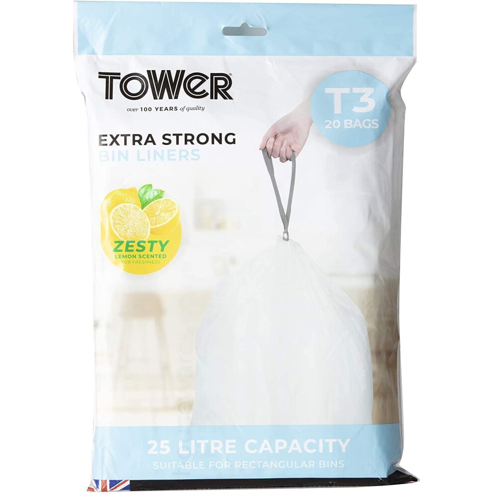 Tower T878002 25L Lemon Scented Bin Liners, 20 Pack x3, White