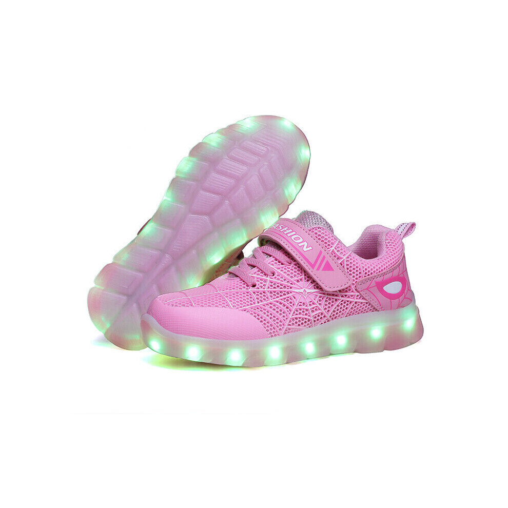 (Pink, 2) Boys Girls Led Light Up Sneaker For Kids Spiderman Trainers Xmas Gift Shoes Size