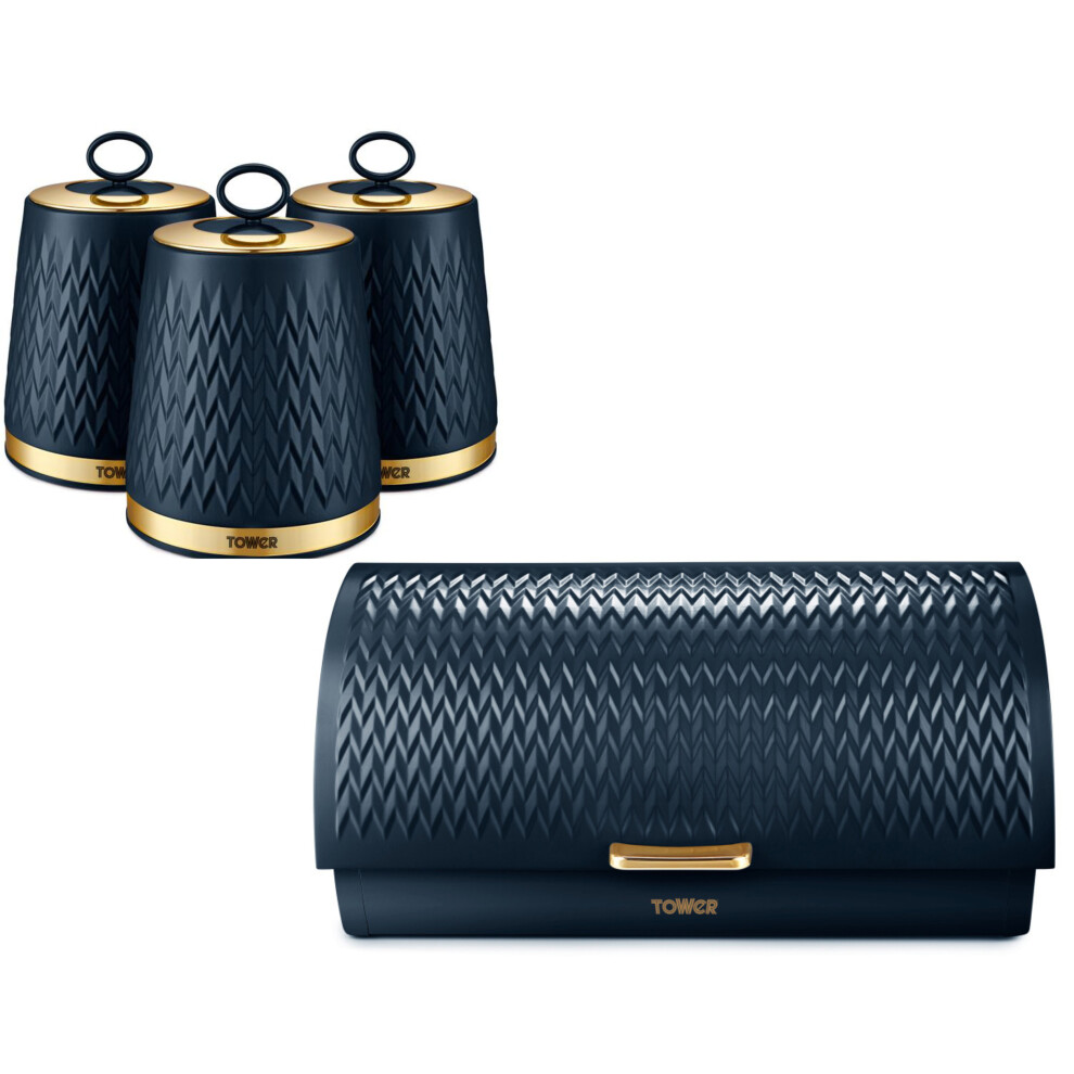 Tower Empire Bread Bin & Canisters in Midnight Blue & Brass