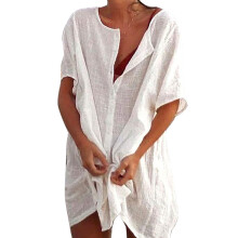 (M, White) Beach Swimsuit Cover-Up Women Linen Cover Up Swimwear