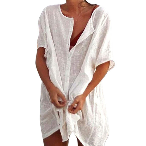 (M, White) Beach Swimsuit Cover-Up Women Linen Cover Up Swimwear
