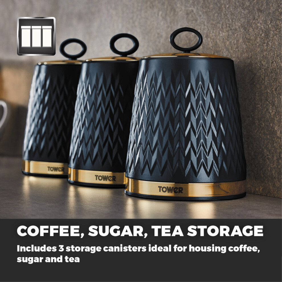 Tower Empire Tea, Coffee & Sugar Canisters Midnight Blue Brass Accents