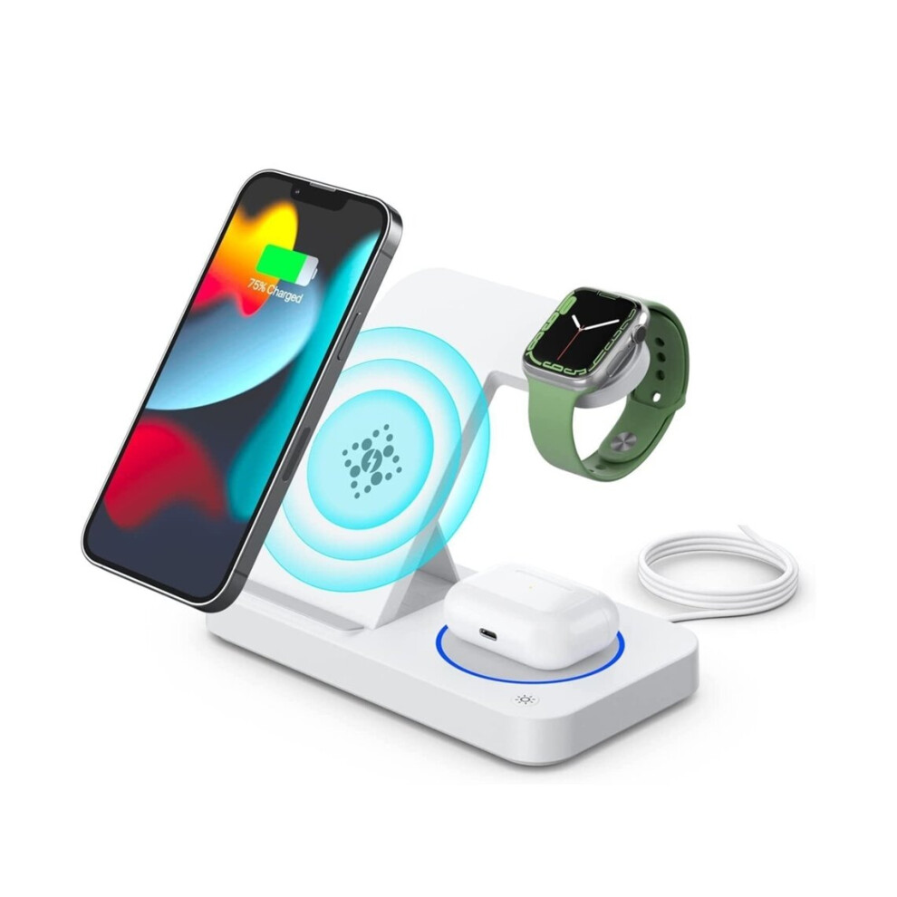 Wireless Charger 3 in 1 Fast Wireless Charging Station 15W Charging Stand for Apple Watch AirPods iPhone (White)