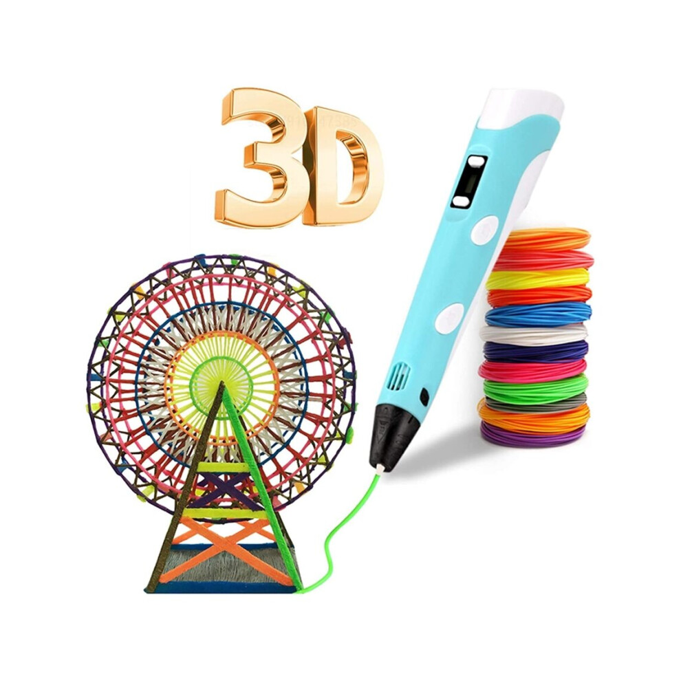 3D fountain pen, 3D printing pen with 12 colors of PLA filament, compatible with PLA and ABS, LCD display, 3D pen, children's toys-azul