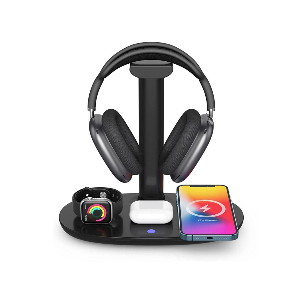 Wireless Charger 15w Headphone Stand with , 4 in 1 Qi Charging Station Headset Holder for AirPods iWatch iPhone (Black)