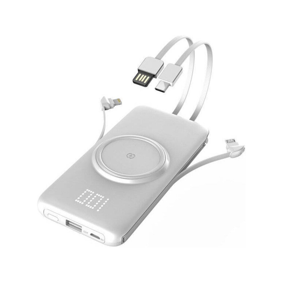 Fast Charging Qi Wireless Portable 10,000 Mah Power Bank With Built In Cable Compatible With Iphone, Huawei, Samsung,?White? White 9128607519334