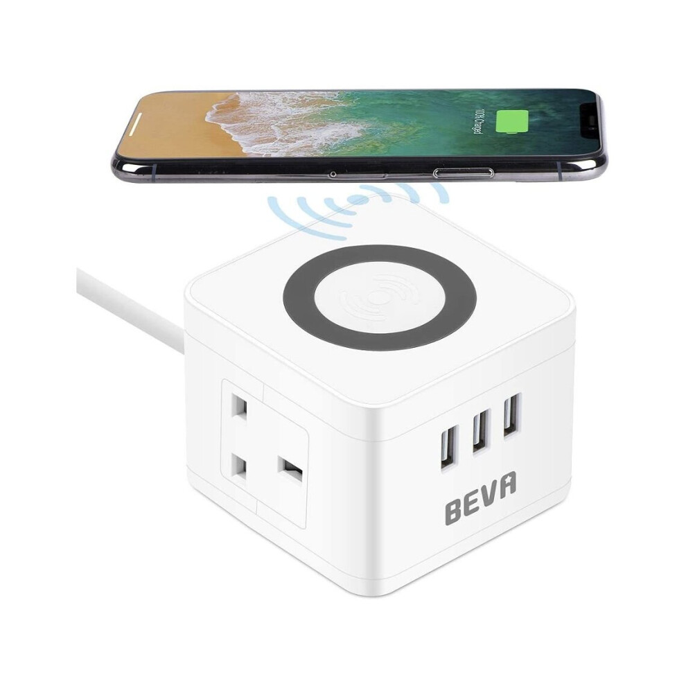 Cube Extension Lead with USB, 2 Way Power Strip + 3 USB Slots with wireless charger, Vinsh UK Power Socket Desktop charging station, 1.5M Extension Co