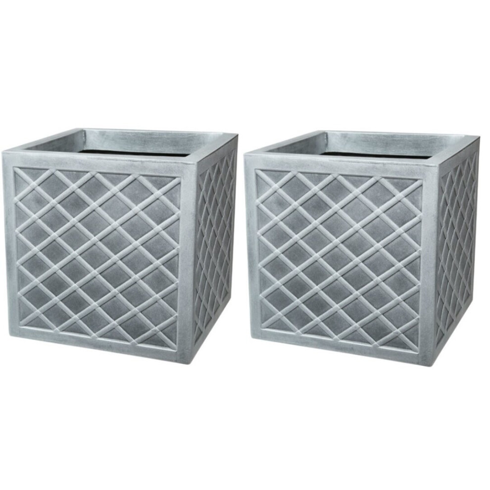 2x Strata Square Lazio Planter 39cm Plastic Lattice Effct Slate Grey