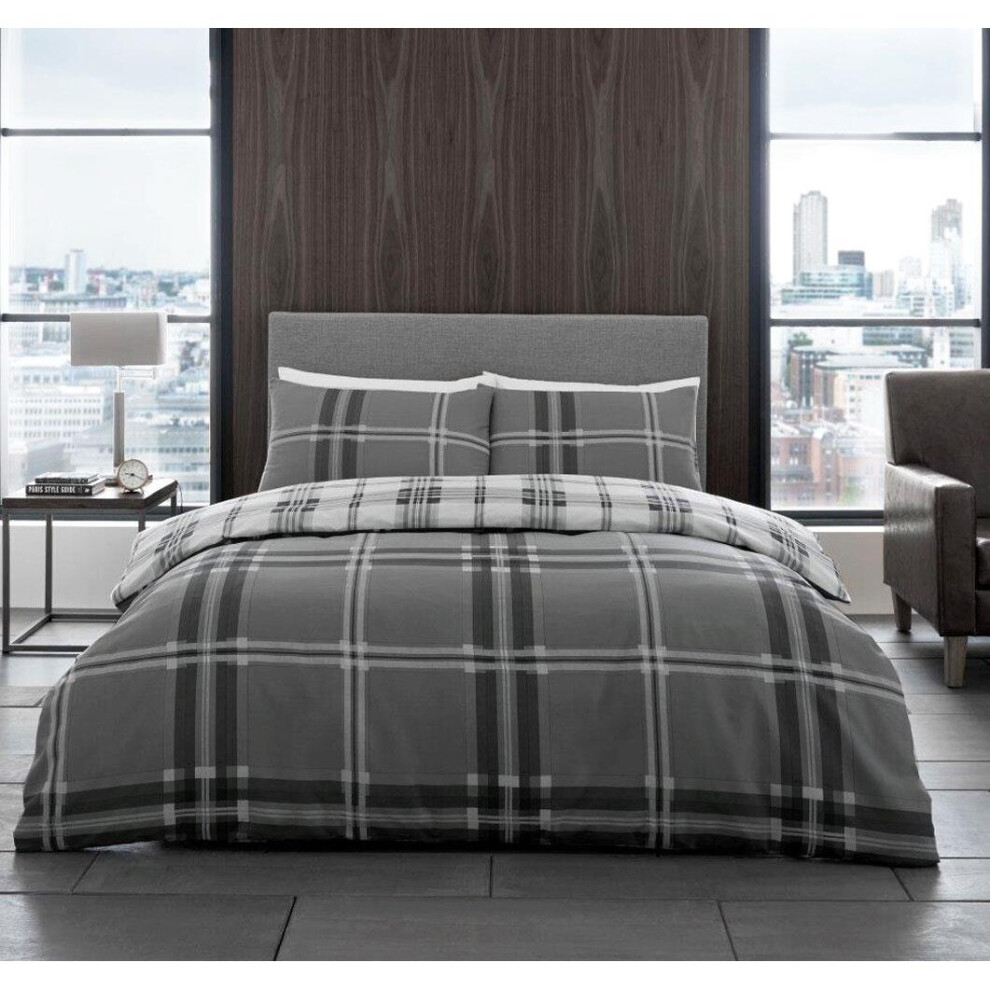 (King) Grey check duvet cover bed set tartan bedding