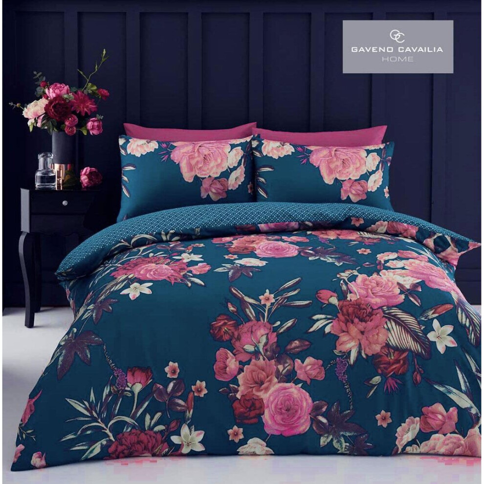 (King) Duvet cover set floral bedding teal pink flowers