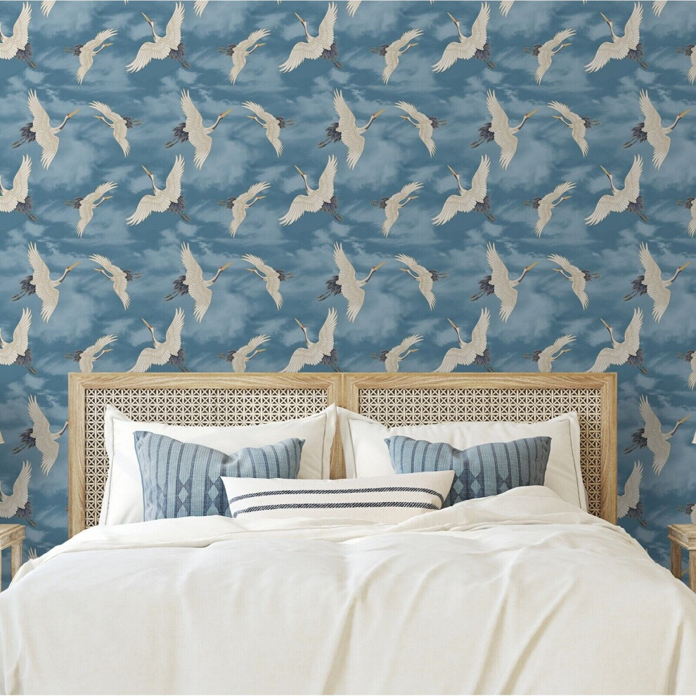 Muriva Oriental Japanese Birds Cranes Metallic Wallpaper Sky Blue/White/Silver