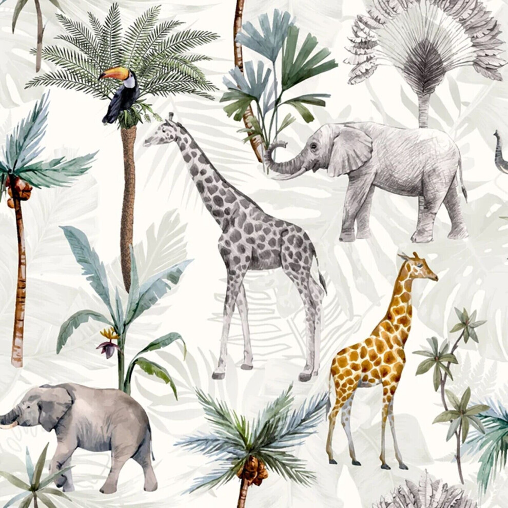 Arthouse Animals Jungle Wallpaper Elephant Palm Tree Green Grey Yellow Serengeti 5050192923798
