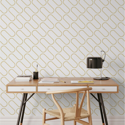 Muriva Metallic Gold White Linear Curve Wavey Lines Minimalist Feature Wallpaper