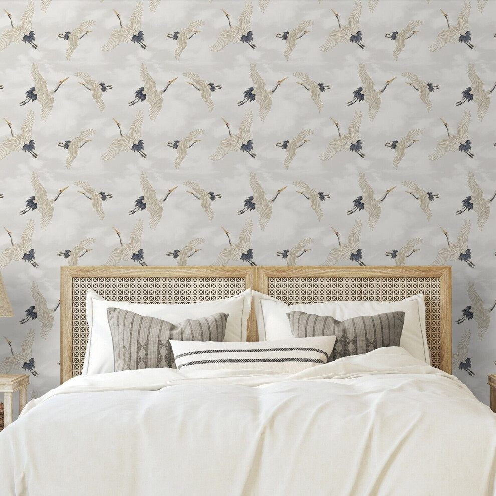 Muriva Oriental Japanese Birds Cranes Metallic Feature Wallpaper White/Blue/Silver