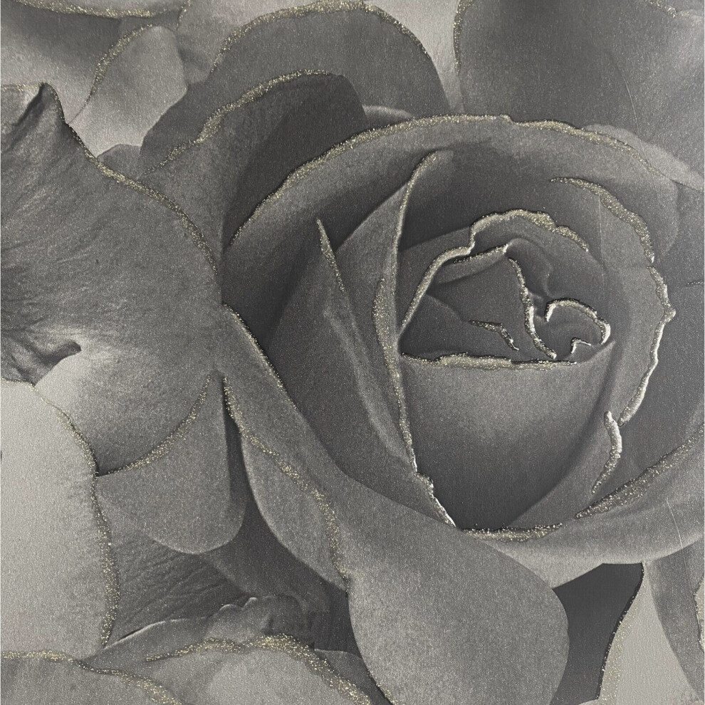 Muriva Black Grey Rose Floral Bloom Flowers Silver Glitter Shimmer Feature Wallpaper