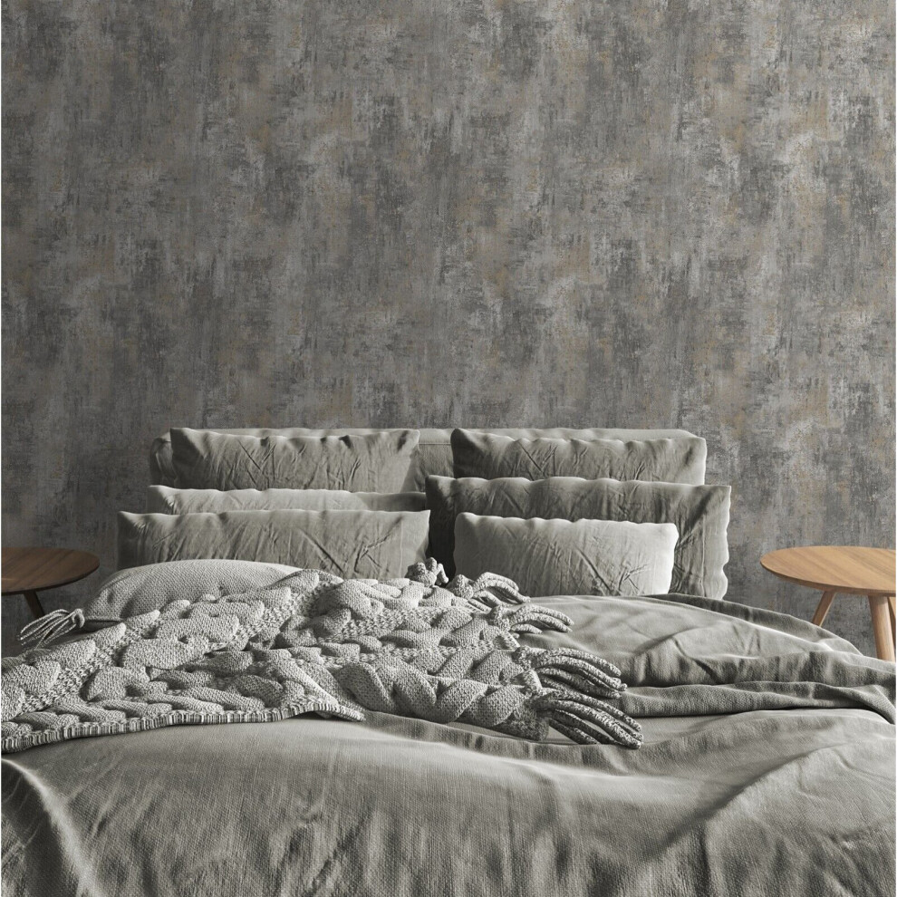 Muriva Plain Charcoal Distressed Stone Concrete Effect Cove Texture Wallpaper Grey