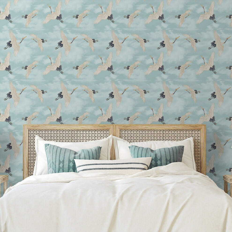 Muriva Oriental Japanese Birds Cranes Duckegg Metallic Wallpaper Blue/White/Silver