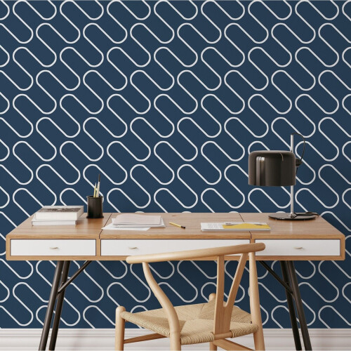 Muriva Navy Blue White Linear Curve Wavey Lines Minimalist Feature Wallpaper 1
