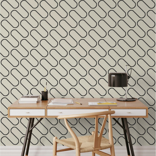 Muriva Cream and Black Linear Curve Wavey Lines Neutral Minimalist Feature Wallpaper 1