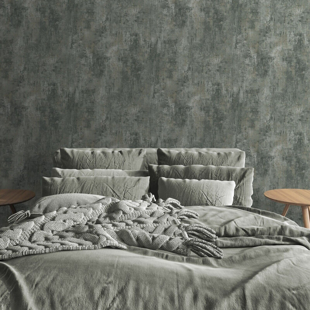 Muriva Plain Jade Distressed Stone Concrete Effect Cove Texture Wallpaper Green