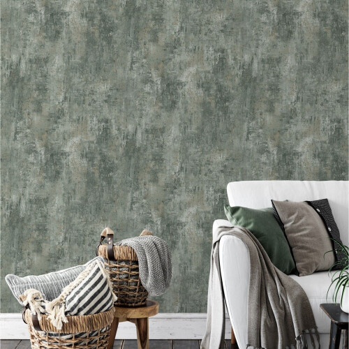 Muriva Plain Jade Green Distressed Stone Concrete Effect Cove Texture Wallpaper 2