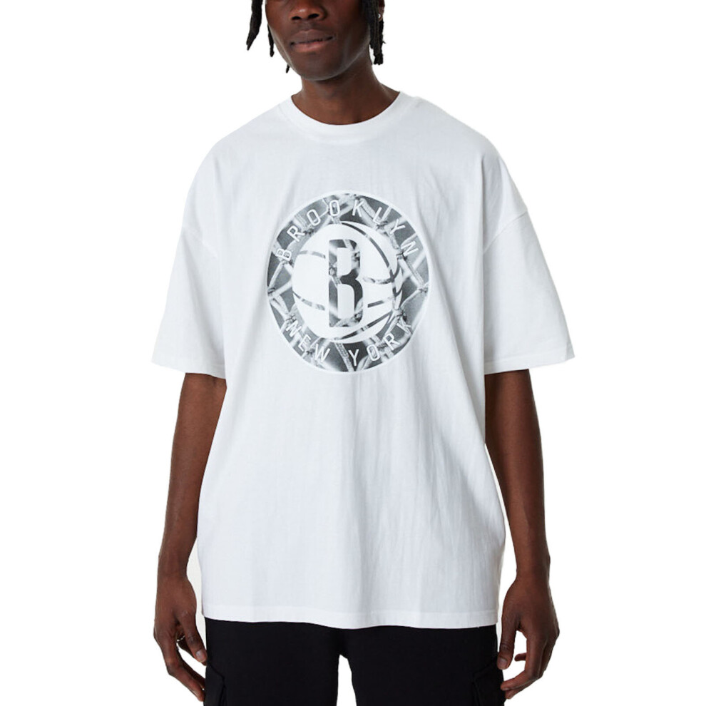 (M, White) New Era Brooklyn Nets NBA Infill Logo Oversized T-Shirt Tee Top - White