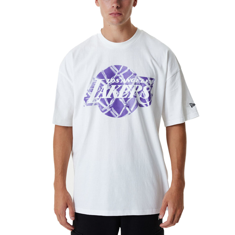 (L, White) New Era LA Lakers NBA Infill Logo Oversized T-Shirt Tee Top - White