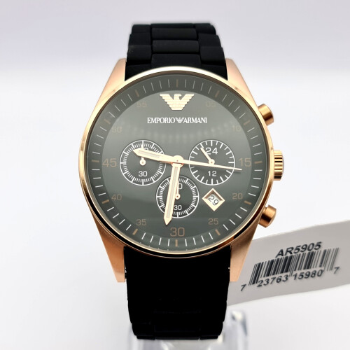 NEW EMPORIO ARMANI AR5905 SILICONE BLACK STRAP ROSE GOLD MENS WATCH