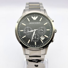 EMPORIO ARMANI RENATO AR2434 SILVER AND BLACK DIAL CHRONO MENS WATCH