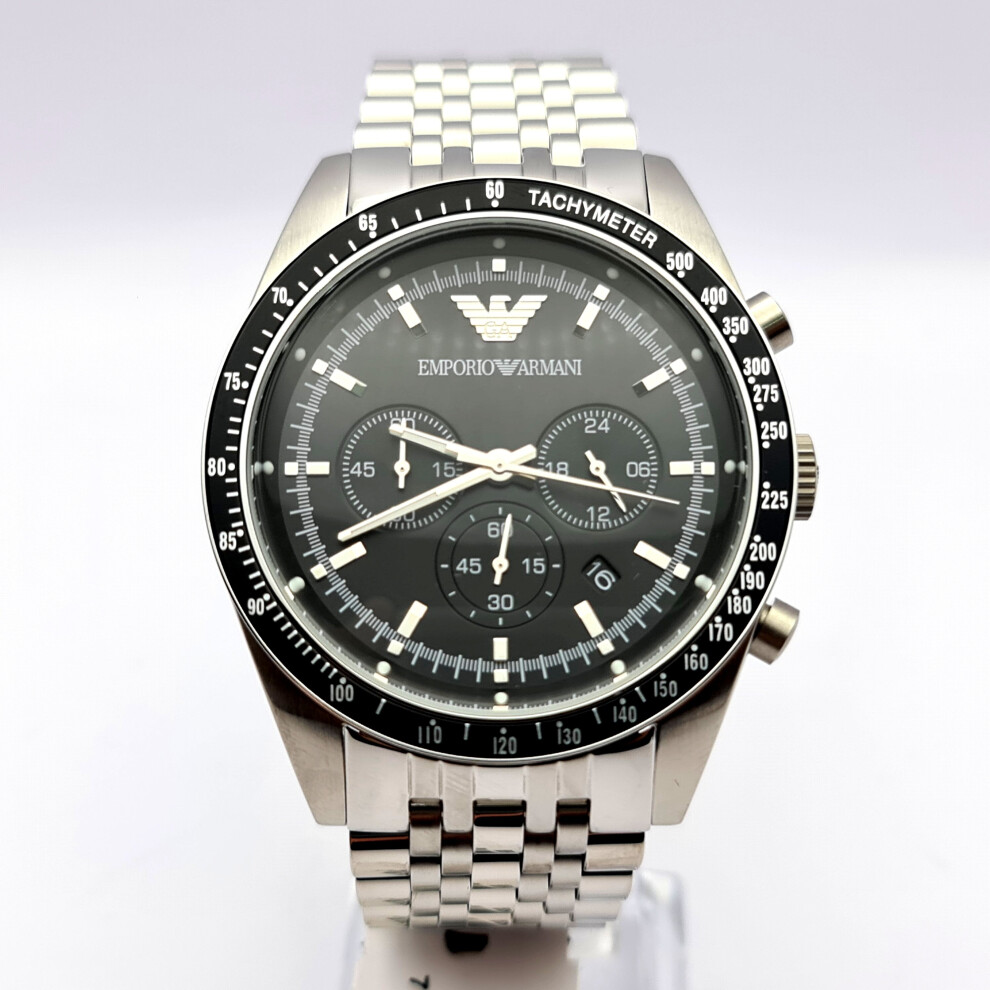 NEW EMPORIO ARMANI TAZIO AR5988 BLACK DIAL STAINLESS STEEL MEN'S WATCH