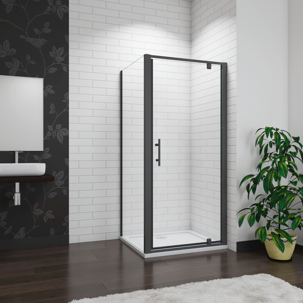 (Door Width: 760mm; Side Panel: 700mm; Shower Tray: no tray) BLACK Frame Pivot Shower Door 6mm Glass Screen