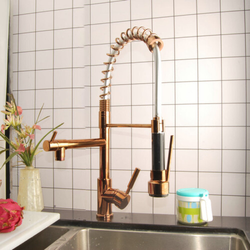 Full Copper Rose Gold Multi-Function Spring Dish Faucet High-Grade Hot and Cold Single Hole 360° Rotating Pull Kitchen Faucet 1