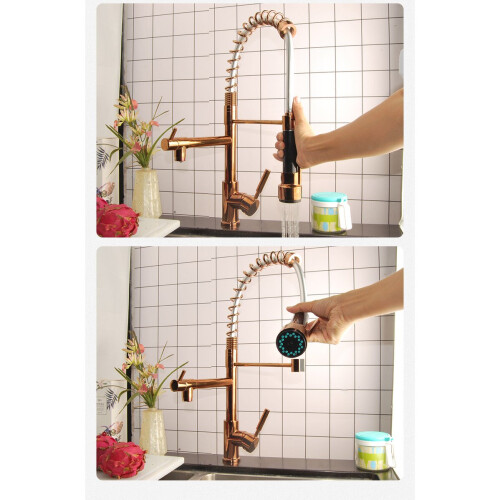 Full Copper Rose Gold Multi-Function Spring Dish Faucet High-Grade Hot and Cold Single Hole 360° Rotating Pull Kitchen Faucet 2
