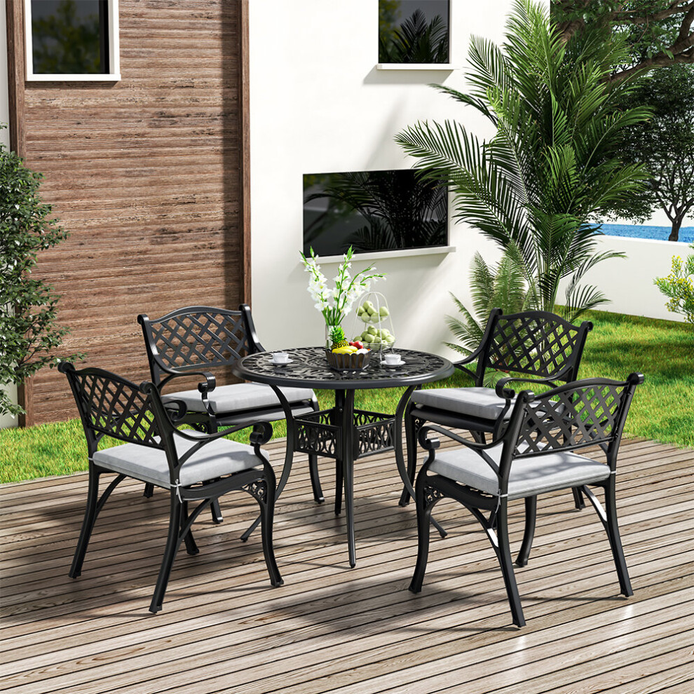 (Black) Set of 5 Retro Garden Bistro Set Cast Aluminum with Cushions