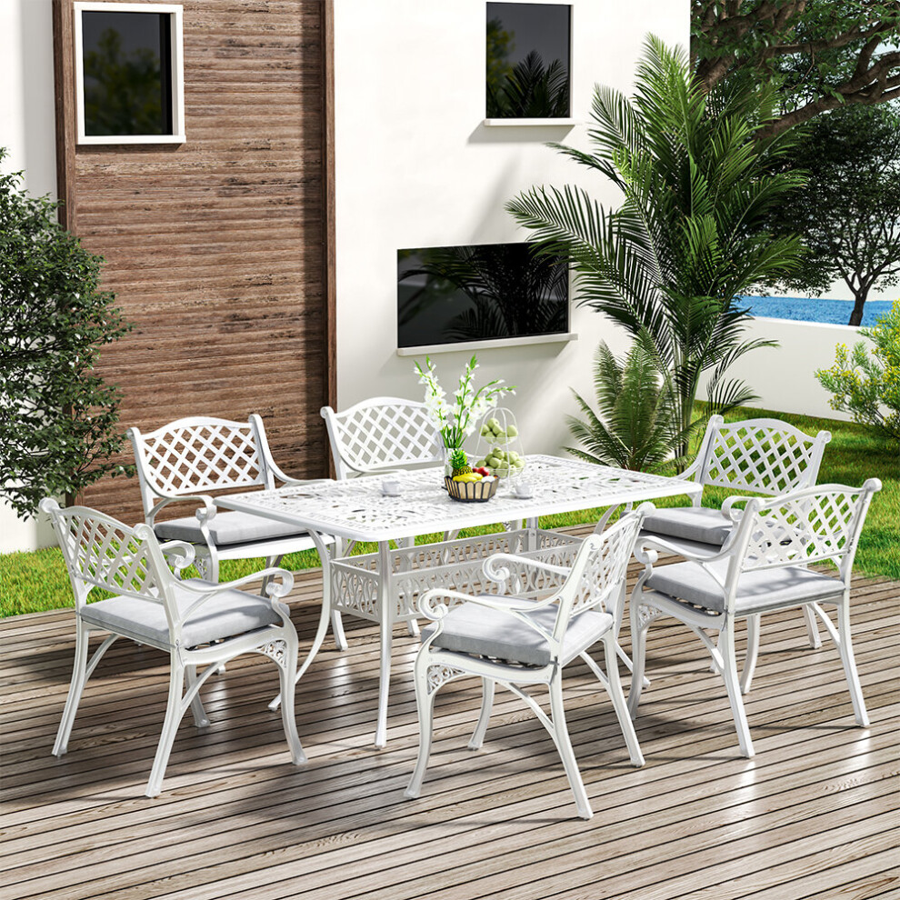 (White) Set of 7 Retro Garden Bistro Set Cast Aluminum with Cushions