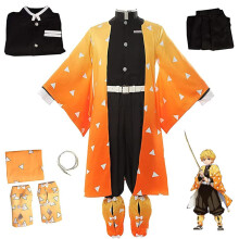(S) Demon Slayer Agatsuma Zenitsu Cosplay Performance Costume for Men Boys Anime Kimono Outfits Halloween Party