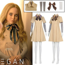 (7-8Years) Girls Megan Cosplay Costume Horror Movies M3GAN Halloween AI Doll Robots Fancy Dress Hand Sleeves Pantyhose Bowknot Set
