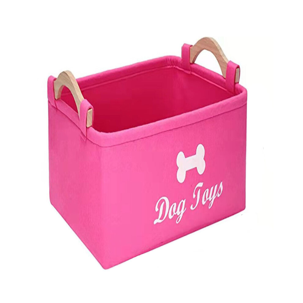 (Pink) Pet Felt Folding Toy Storage Box Dog Basket Wooden Handle Large Size Square
