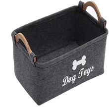 (Black) Pet Felt Folding Toy Storage Box Dog Basket Wooden Handle Large Size Square