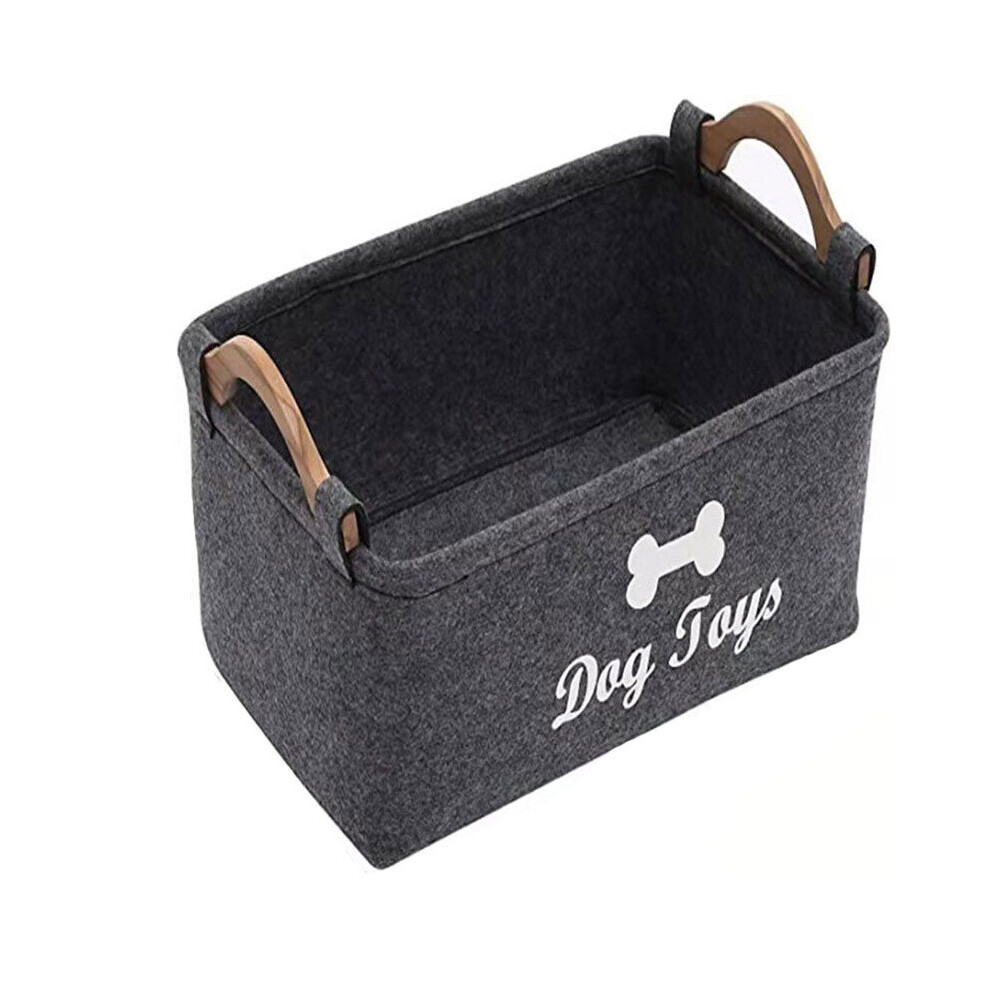 (Black) Pet Felt Folding Toy Storage Box Dog Basket Wooden Handle Large Size Square