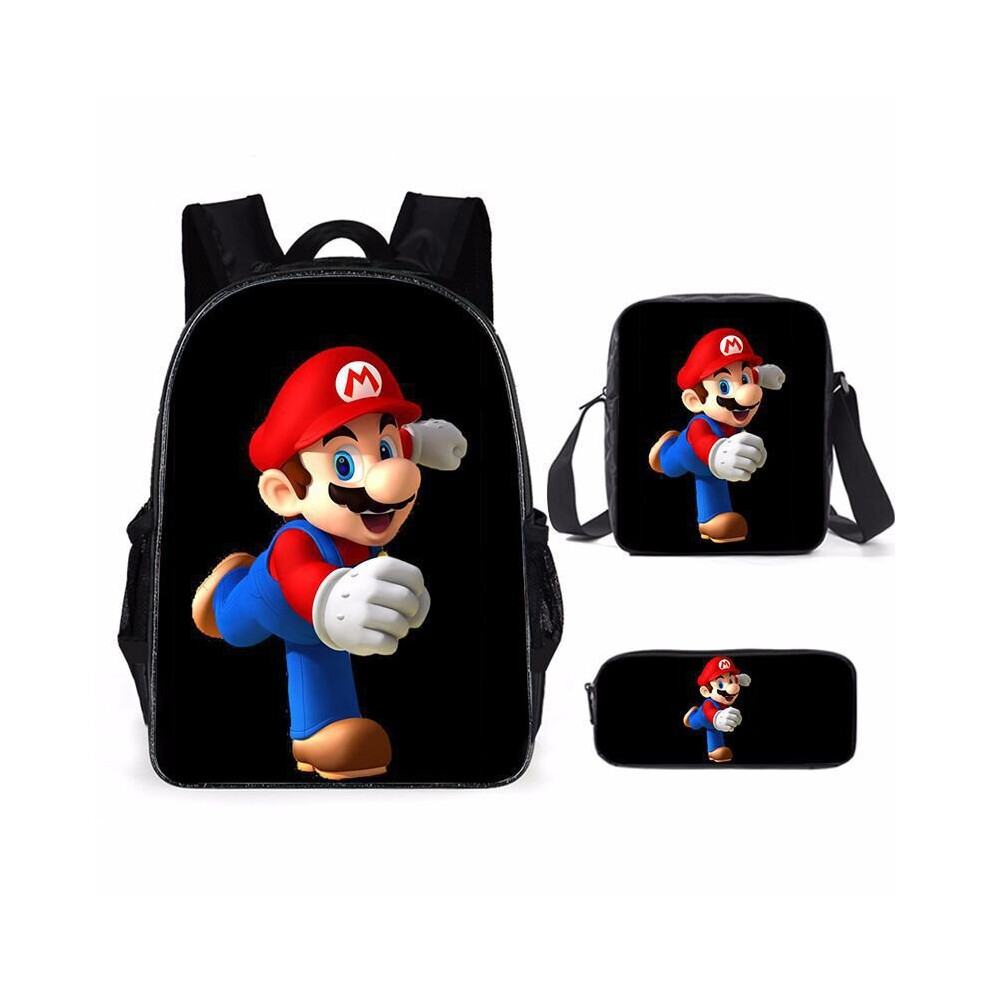 (Black) 3pcs Mario Super School Bag Backpack Shoulder Pencil Case Suitable Kids For