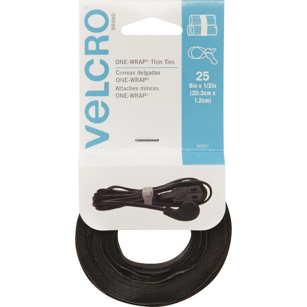 VELCRO(R) Brand ONE-WRAP(R) Thin Ties 8"X.5" 25/Pkg-Black 90927