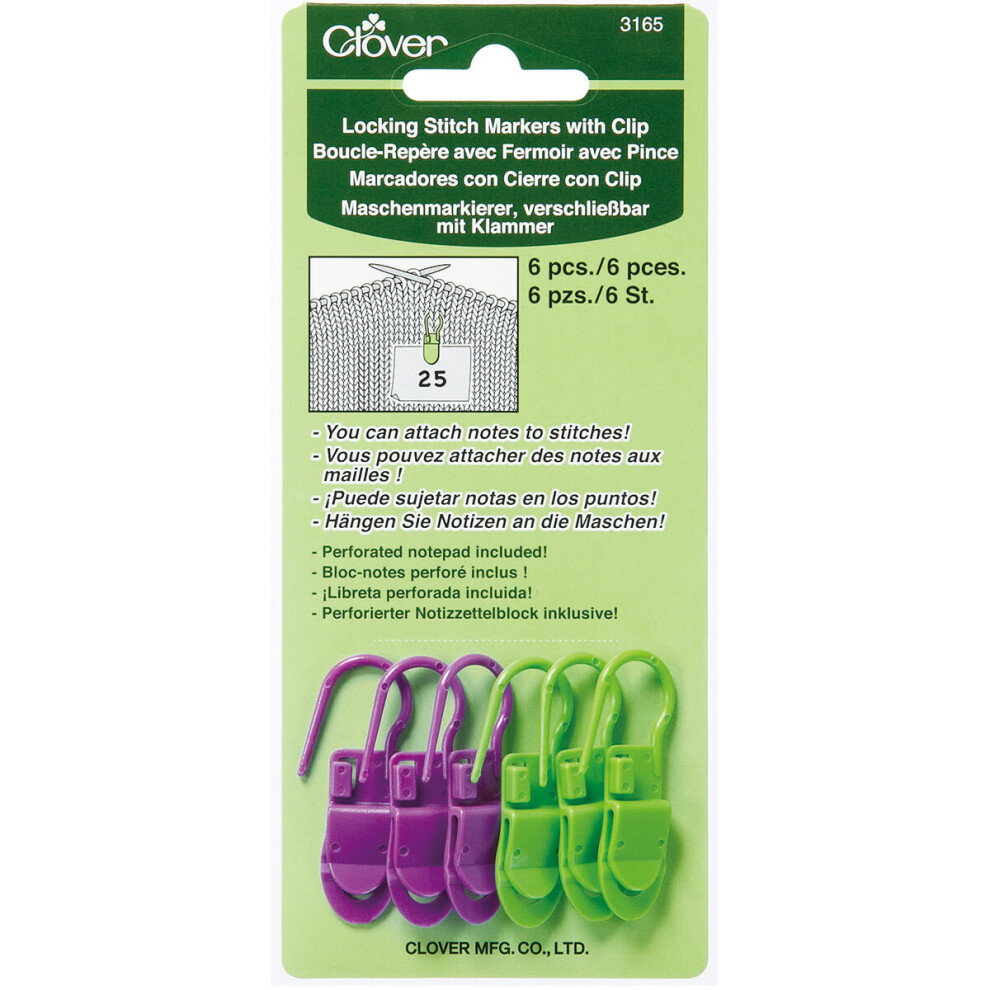 Clover Locking Stitch Markers W/Clips-6/Pkg -3165