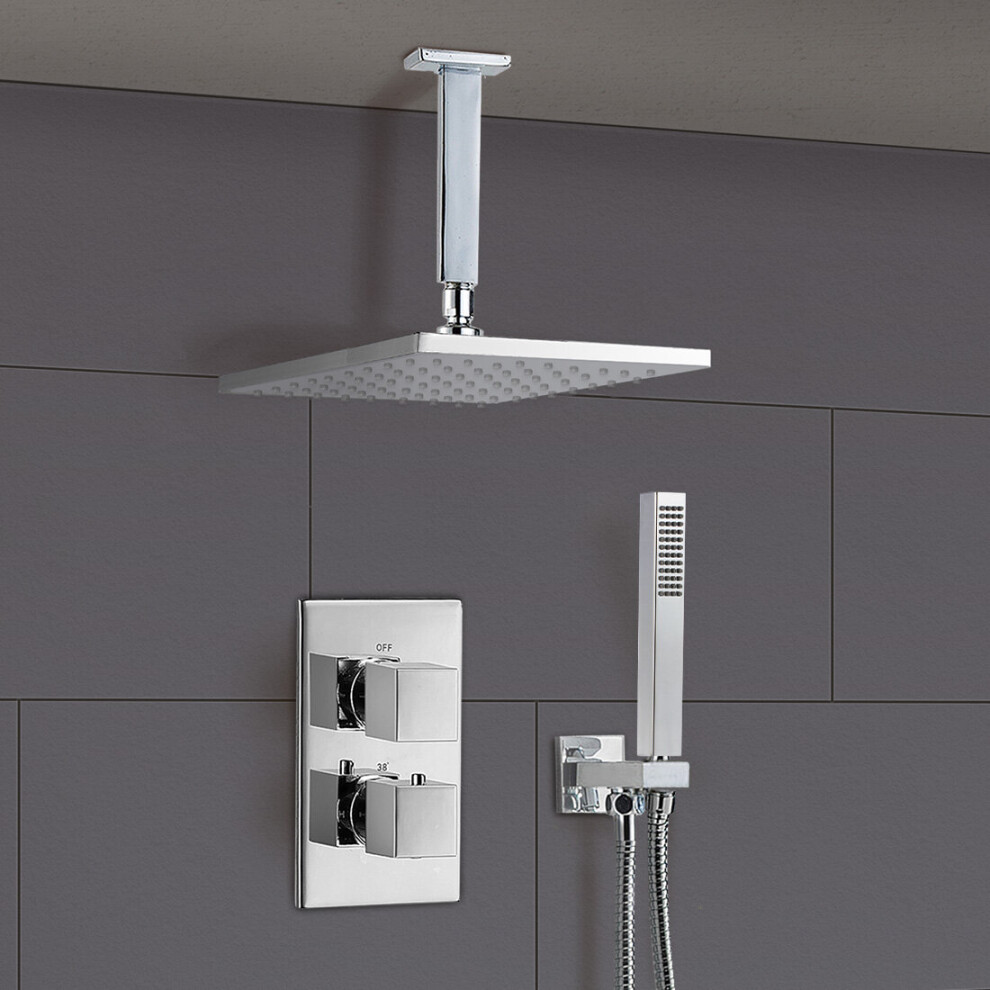 Temel Bathroom Square Concealed Thermostatic Mixer Shower Head Chrome Valve Set