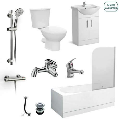 NES Home Senore Complete Shower WC Close Coupled Toilet Basin Flat Pack Vanity Unit Suite